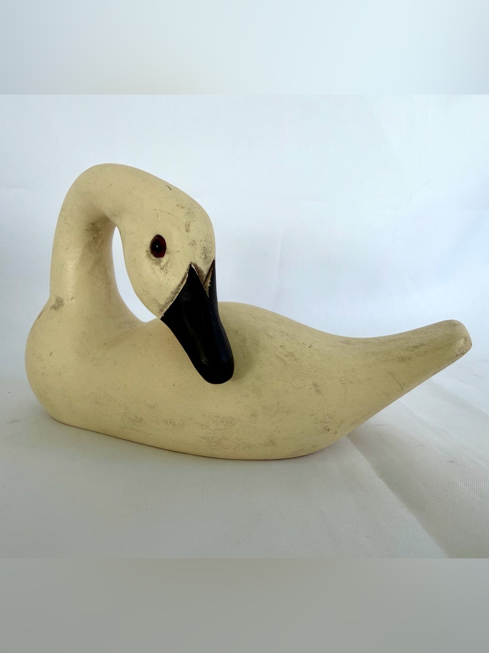 Vintage Hand Carved Wooden Swan Decoy Preening Figurine Rustic Folk Art 6"